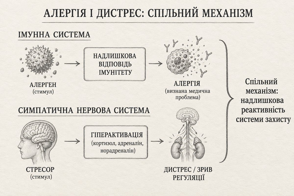 Дві системи з однаковим механізмом надлишкової реактивності. Імунна: алерген — надлишкова відповідь імунітету — алергія як визнана медична проблема. Симпатична нервова: стресор — гіперактивація — дистрес і зрив регуляції. Спільний механізм — надлишкова реактивність системи захисту.