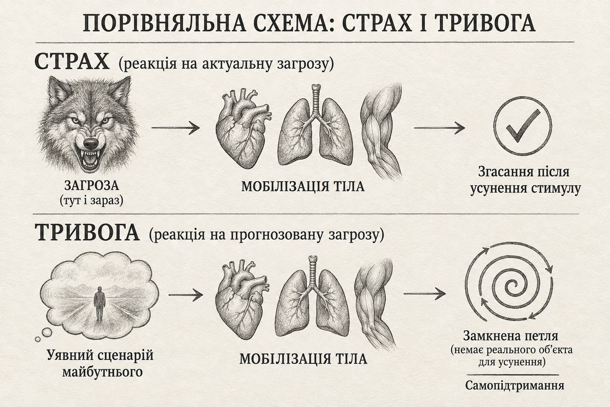 Порівняльна схема. Страх — реакція на реальну загрозу (вовк), веде до мобілізації тіла і згасає після усунення стимулу. Тривога — реакція на уявний сценарій майбутнього, дає ту саму мобілізацію тіла, але замикається в петлю самопідтримання, бо реального обʼєкта для усунення немає.
