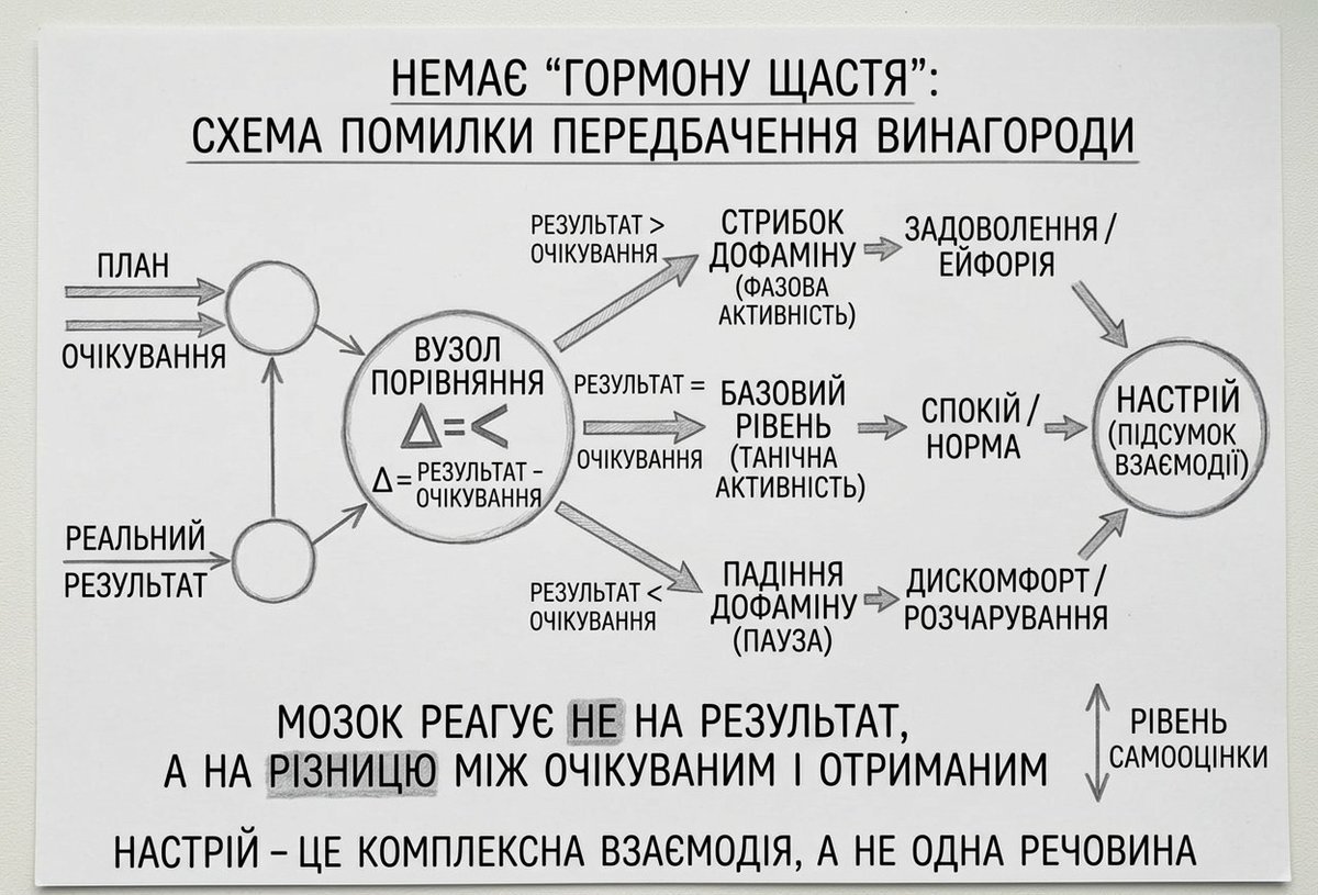 Схема помилки передбачення винагороди: план і реальний результат входять у вузол порівняння, де мозок рахує різницю між очікуваним і отриманим. Результат більший за очікування дає стрибок дофаміну і задоволення, рівний — спокій, менший — падіння і розчарування. Настрій — підсумок взаємодії, а не одна речовина.