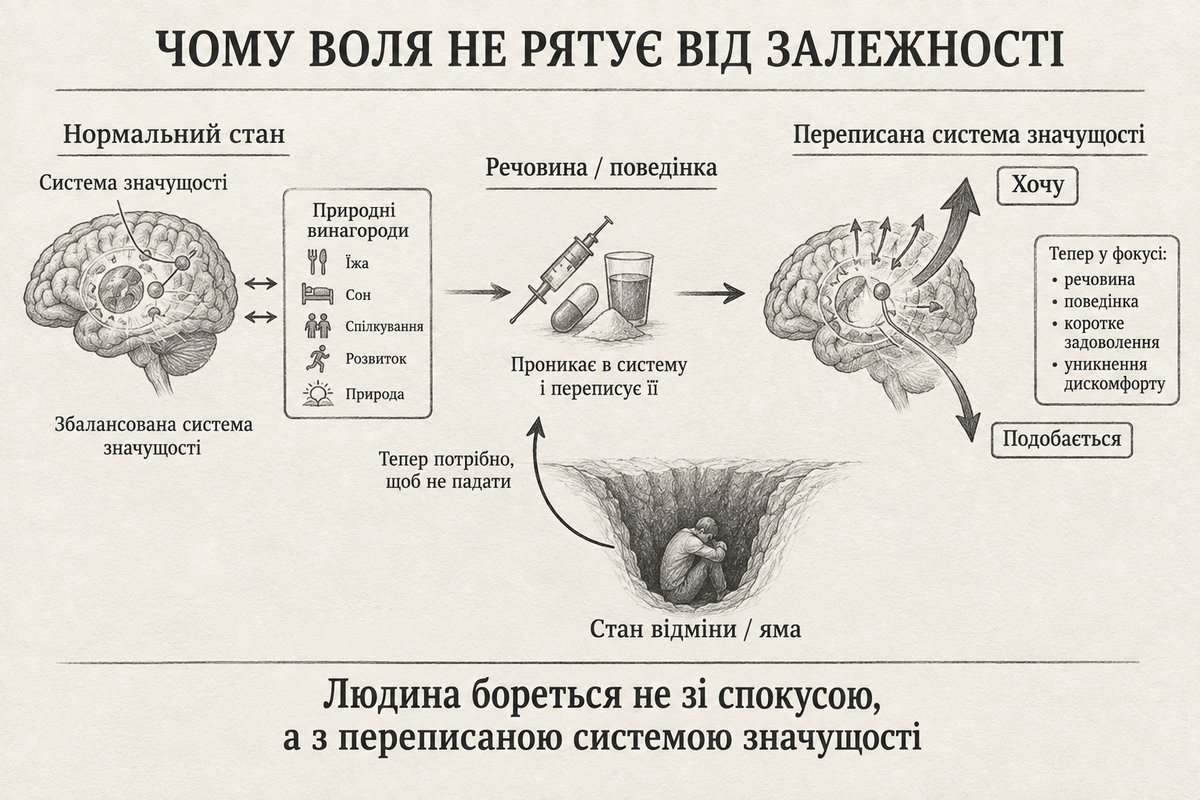 Схема залежності: у нормі система значущості збалансована природними винагородами — їжа, сон, спілкування, розвиток, природа. Речовина проникає і переписує систему. У переписаному стані бажання (хочу) росте, а задоволення (подобається) падає, і речовина потрібна вже щоб не падати в яму відміни. Людина бореться не зі спокусою, а з переписаною системою значущості.