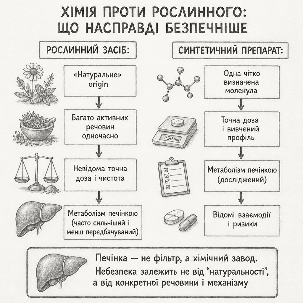 Порівняння: рослинний засіб — багато активних речовин одночасно, невідома точна доза й чистота, метаболізм печінкою часто сильніший і менш передбачуваний. Синтетичний препарат — одна чітко визначена молекула, точна доза й вивчений профіль, відомі взаємодії й ризики. Печінка — не фільтр, а хімічний завод; небезпека залежить не від натуральності, а від конкретної речовини і механізму.