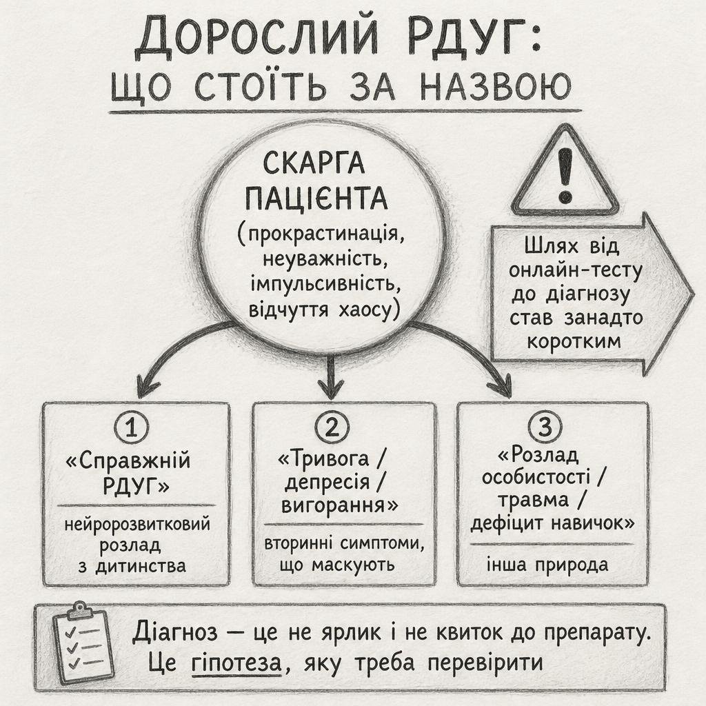 Одна скарга пацієнта (прокрастинація, неуважність, імпульсивність, відчуття хаосу) розходиться на різні причини: справжній нейророзвитковий РДУГ з дитинства; тривога, депресія або вигорання як вторинні симптоми, що маскують; розлад особистості, травма або дефіцит навичок іншої природи. Діагноз — гіпотеза, яку треба перевірити, а не ярлик і не квиток до препарату.
