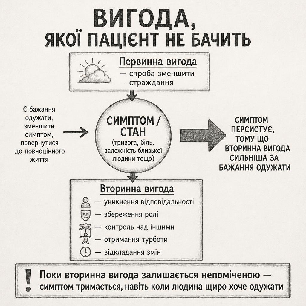 Є щире бажання одужати, але симптом (тривога, біль, залежність близької людини) тримається, бо вторинна вигода сильніша за бажання одужати. Первинна вигода — спроба зменшити страждання. Вторинна вигода — уникнення відповідальності, збереження ролі, контроль над іншими, отримання турботи, відкладання змін.