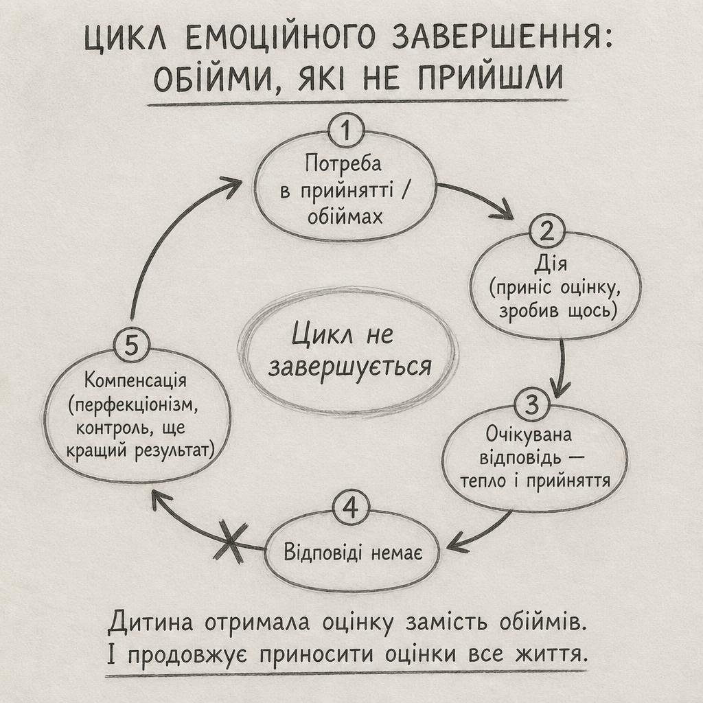 Цикл емоційного завершення: потреба в прийнятті та обіймах, дія (принесла оцінку), очікувана відповідь — тепло і прийняття, але відповіді немає, цикл не завершується, і людина компенсує це перфекціонізмом, контролем, ще кращим результатом. Дитина отримала оцінку замість обіймів і продовжує приносити оцінки все життя.
